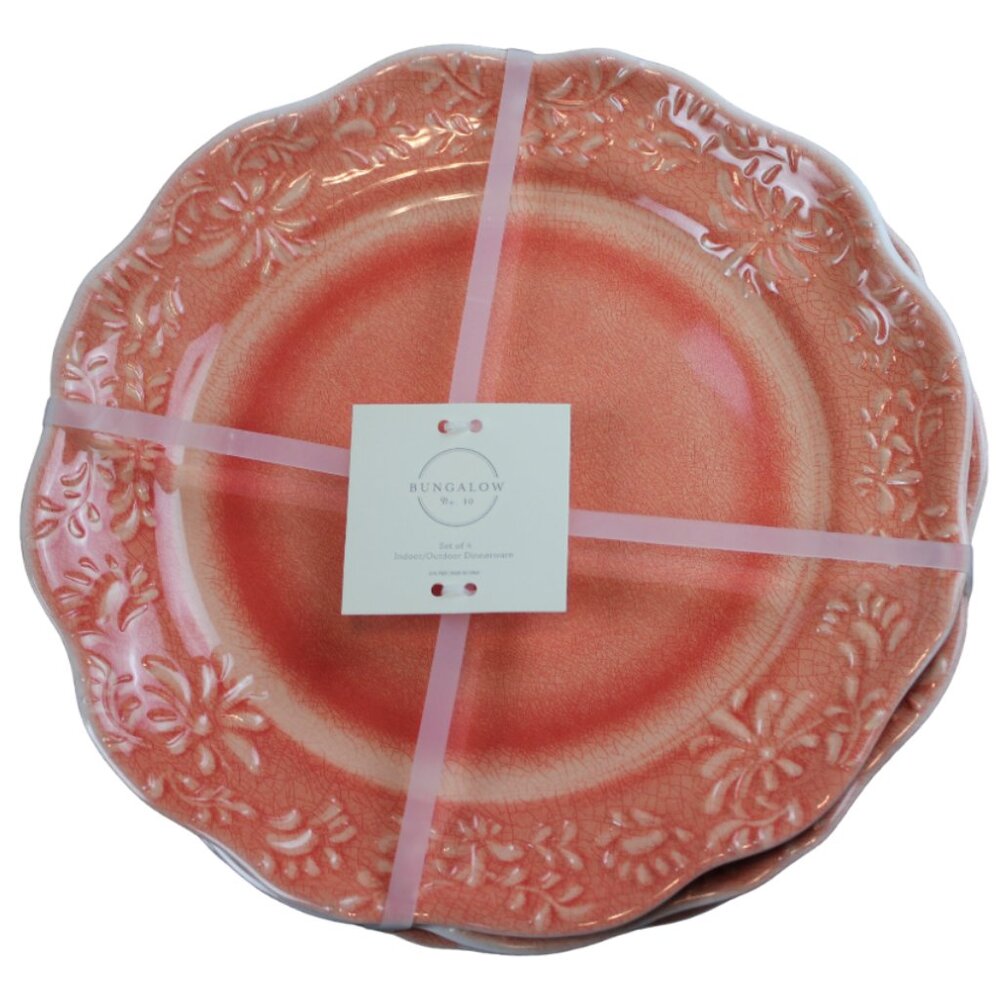 Bungalow No 10 Coral Orange Melamine 11" Dinner Plate Set 4 Scalloped NWT RARE